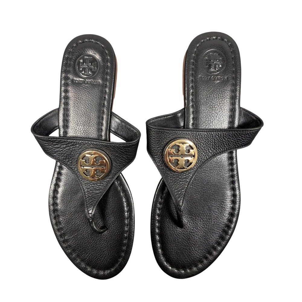 Tory Burch Womens Sandals Miller Thong Black Leather Gold Logo Flip Flop 8.5